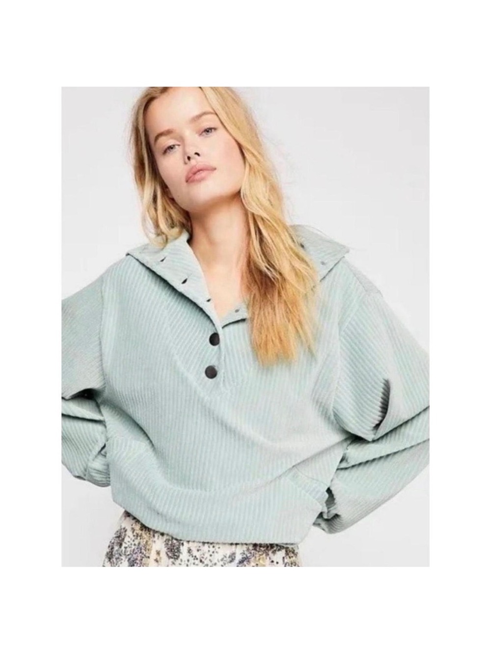 Free People Whimsy Sage Green Corduroy Funnel Neck Button Pullover Size Large